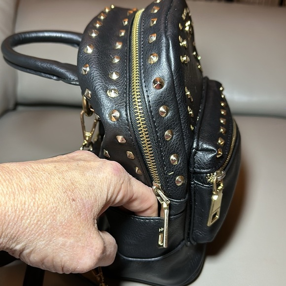 BeBe Small Black Studded Backpack - GUC - Gold and Rhinestone Hardware - Picture 5 of 9